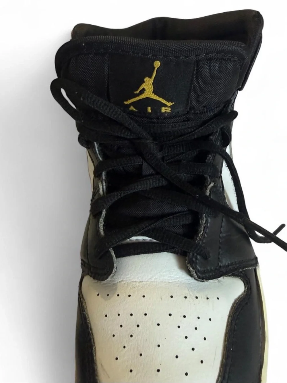 Womans Nike Air Jordan 1 Mid Black White Gold/Yellow Sneakers